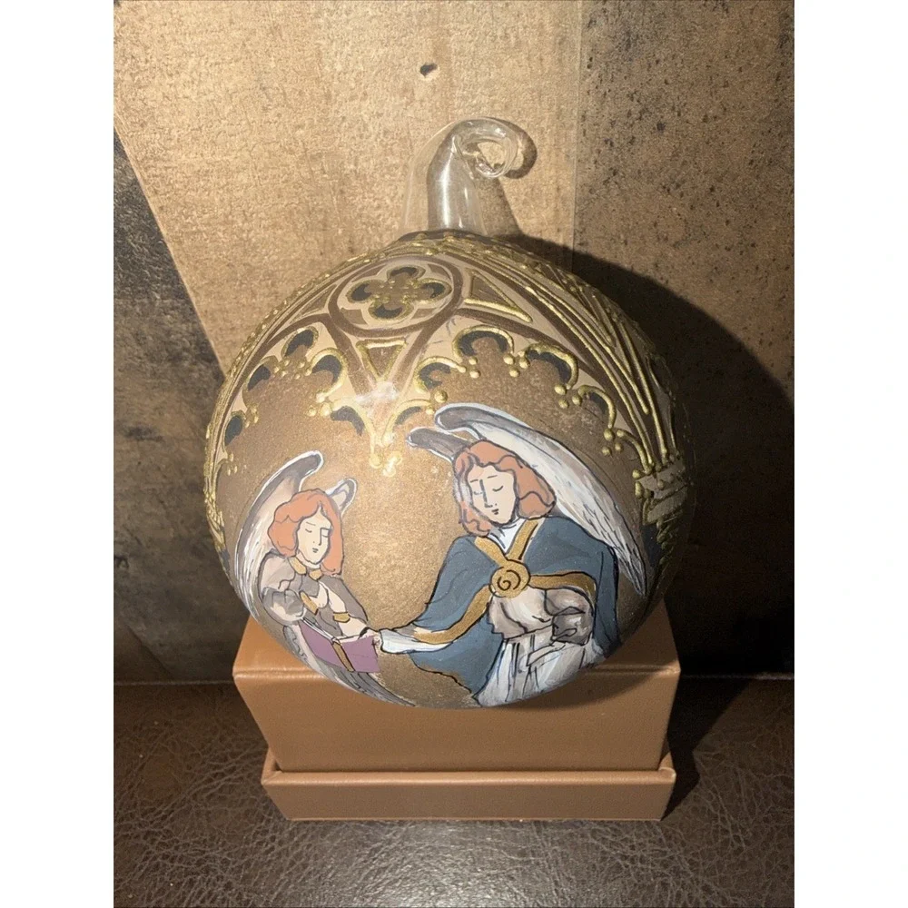 Vtg Hand Painted Inside Glass Christmas Ornament Angels Gold Trim Blown 3